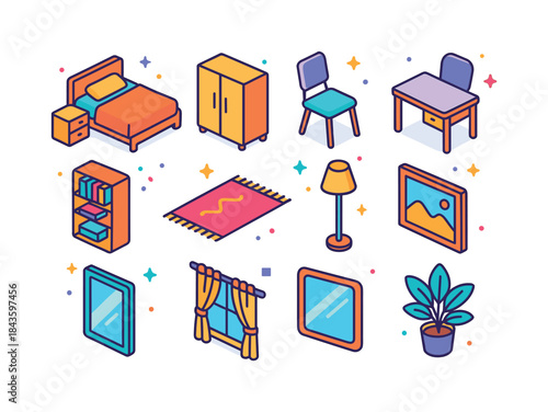 Bedroom Design Icons. Redesigning a bedroom layout. Colorful iso