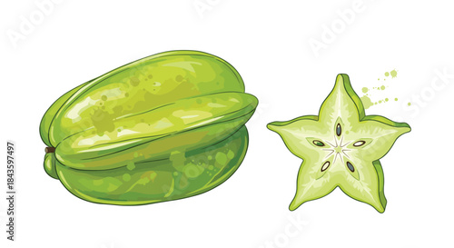 Bright green starfruit with a sliced star showing its interior sits on a plain white background highlighting tropical freshness and citrus notes.