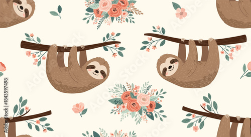 Whimsical sloths hang from branches amid pastel flowers and accents in a seamless repeating pattern that blends gentle earth tones with playful tropical charm.
