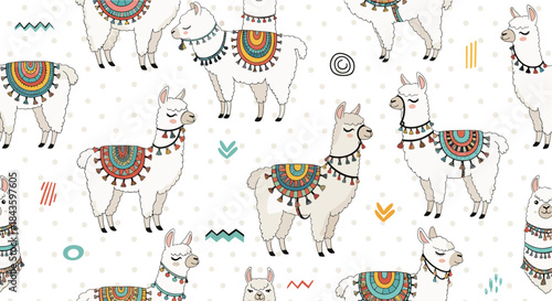 Whimsical pattern featuring white llamas wearing colorful decorative saddles and tassels beside geometric shapes and soft dots on a light neutral background.