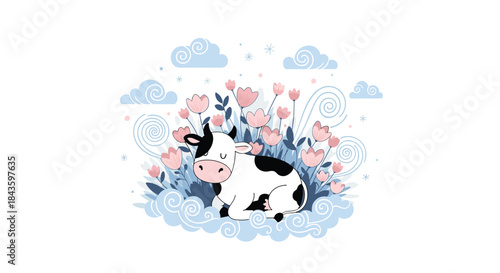 Calm cartoon cow rests peacefully among pastel clouds and pink tulips in a dreamy meadow scene under a soft sky with swirling breezes and gentle sparkles.