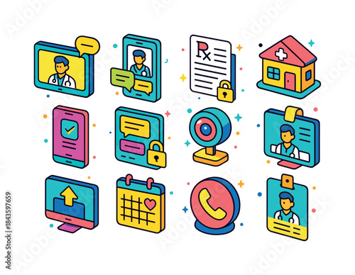 Telemedicine Icon Set. Telemedicine. Colorful isometric vector i