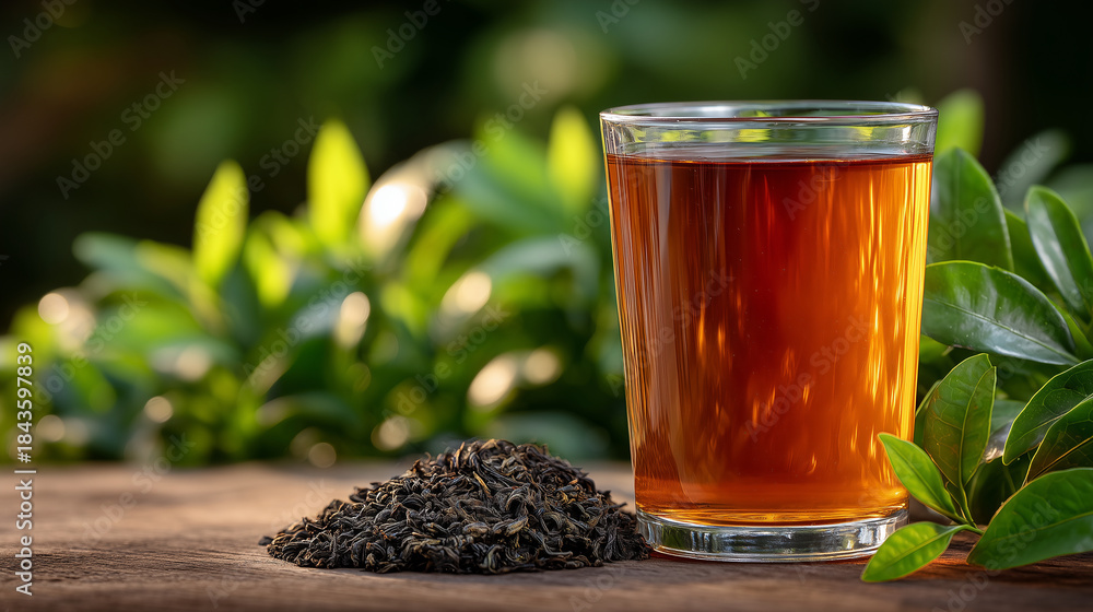 Fototapeta premium Pile of mixed tea leaves (black, red, green) beside glass of brewed tea, fresh green leaves scattered around, aromatic and relaxing composition, natural light highlighting textures