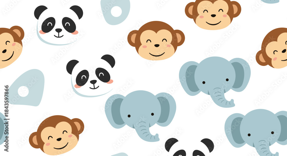 Fototapeta premium Playful pattern featuring smiling elephants monkeys and pandas in a soft pastel cartoon style suitable for kids textiles decor and wallpaper.