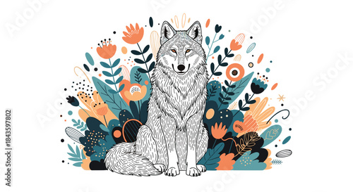 Wolf sits at the center of a lush garden of stylized flowers and foliage in a bright colorful illustration that exudes whimsy and natural charm.