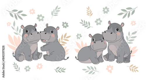 Two friendly gray hippos sit close together in a whimsical pastel floral scene with leaves and blossoms forming a soft decorative backdrop for a gentle moment.