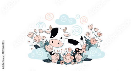 Playful cartoon cow stands among pastel flowers and soft clouds in a serene farm inspired scene bursting with whimsy and gentle colors.