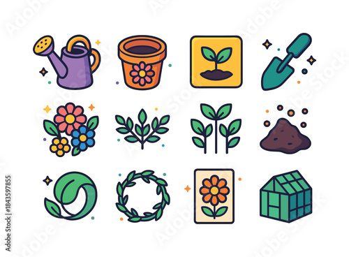 Garden Icon Collection. Garden-themed packaging. Colorful isomet