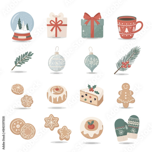 A cheerful assortment of winter holiday icons, showcasing festive decorations, delightful baked goods, and heartwarming gifts, ideal for seasonal celebrations