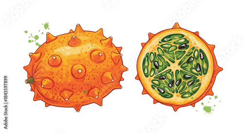 Vivid illustration of a kiwano horned melon shown whole and halved to reveal a green seeded interior and bright orange spiky rind.