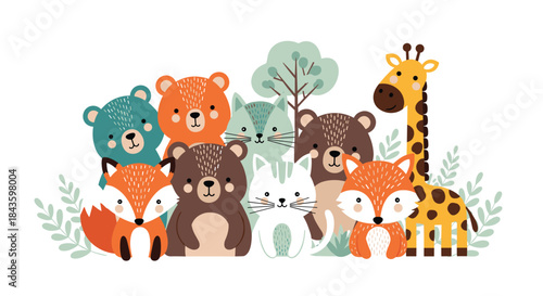 Bright and friendly forest animals gather in a colorful illustration featuring bears foxes cats rabbits and a tall giraffe among leafy bushes