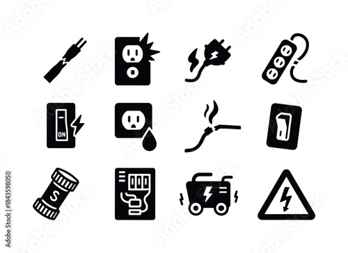 Electrical Hazard Icons. Electrical risks. Solid icon set of ele