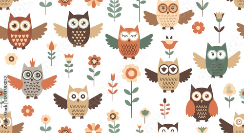 Colorful whimsical pattern featuring cartoon owls perched among flowers and leaves in a playful folk art style suitable for cheerful nature inspired design.