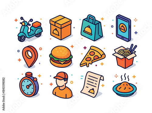 Food Delivery Icons. Food delivery. Colorful isometric vector ic