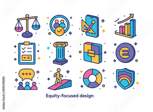 Equity Design Icons. Equity-focused design. Colorful isometric v