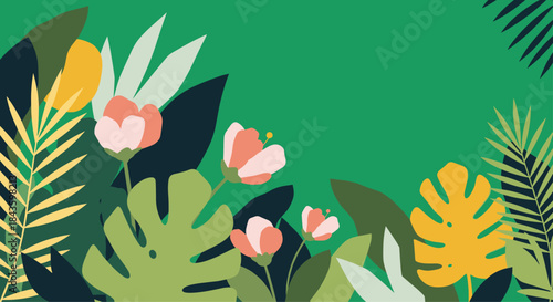 Vibrant tropical garden scene showcasing a mix of broad and narrow leaves with soft pink flowers and bold green tones creating a lush decorative backdrop.