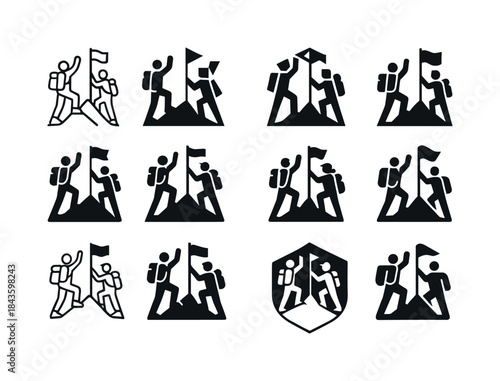 Hiker Emblem Variations. A group of hikers at the summit of a mo