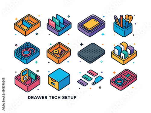 Colorful Drawer Icons Set. Drawer Tech Setup. Colorful isometric