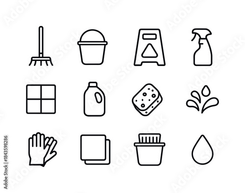 Mopping Icon Set. Mopping. Line icon set of Mopping: mop stick,