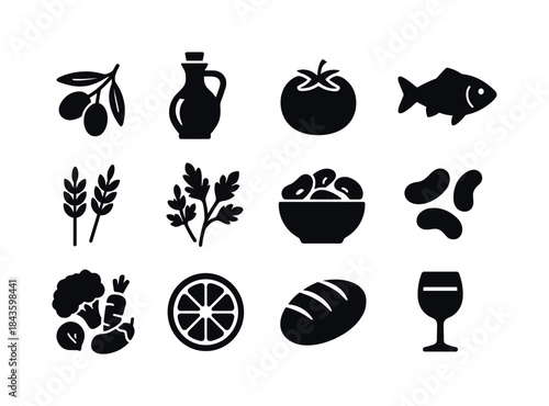 Mediterranean Diet Icons. Mediterranean diet. Solid icon set of