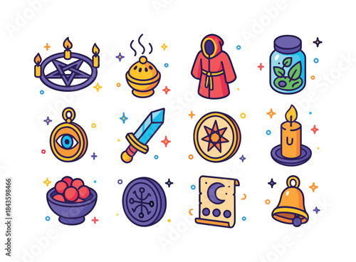 Isometric Ritual Icons. Occult rituals. Colorful isometric vecto