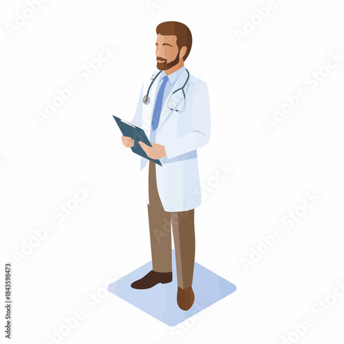 A male doctor stands confidently with a clipboard and stethoscope, symbolizing care and professionalism in the medical field while providing a reassuring presence.