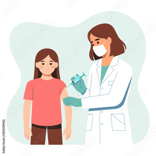 A young girl is receiving a vaccination from a healthcare professional in a white coat, emphasizing the importance of health, care, and preventive measures in childhood.