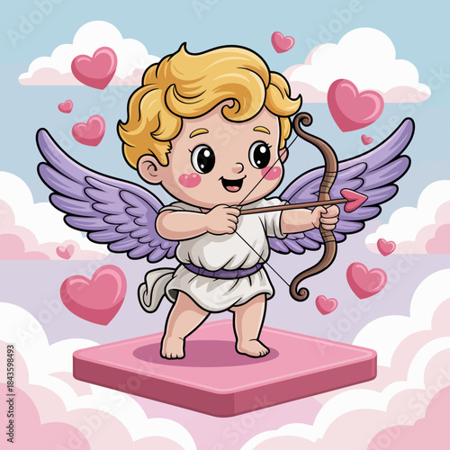 An adorable illustration of a chubby cupid holding a bow and arrow, surrounded by fluffy clouds and hearts, symbolizing love, joy, and playful romance in a whimsical style.
