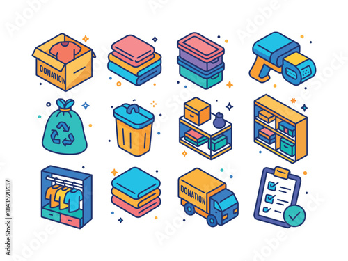 Colorful Decluttering Icons. Home decluttering. Colorful isometr