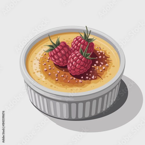 An enticing dessert of crème brûlée topped with fresh raspberries, served in an elegant ramekin, highlighted by a glossy caramelized sugar surface.