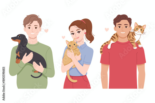 This illustration showcases three happy individuals holding their pets, depicting the joy and companionship that pets bring to people's lives in a warm, friendly manner.