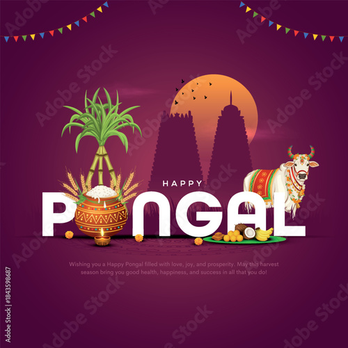 Vector illustration of Happy Pongal Holiday Harvest Festival of Tamil Nadu South India greeting background design.