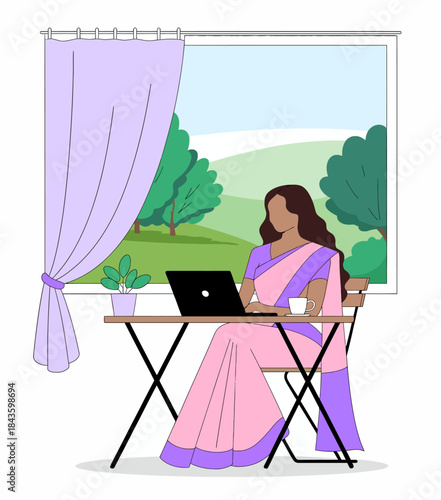 A serene scene of a woman dressed in beautiful traditional attire working intently on her laptop against a backdrop of nature, blending culture with modern technology and productivity.