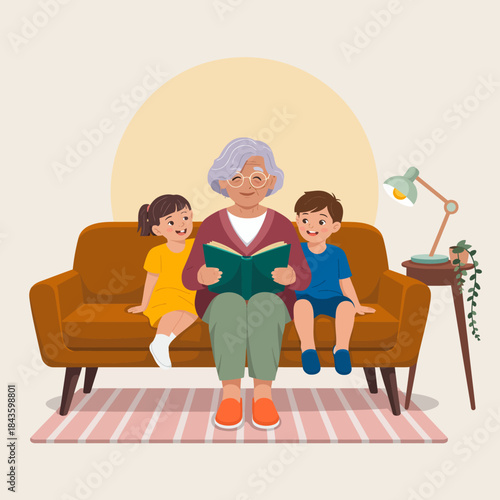 An elderly woman shares a warm moment with two children, reading a book together on a cozy sofa, showcasing the bond and joy of storytelling in a home setting.