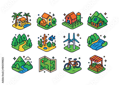 Sustainable Travel Icons. Sustainable Destinations. Colorful iso
