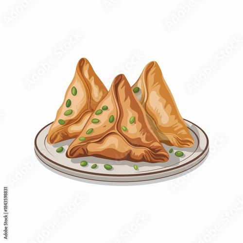 This mouthwatering illustration showcases crispy golden samosas neatly arranged on a plate, evoking a sense of flavor, tradition, and culinary enjoyment associated with savory snacks.