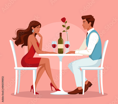 A couple enjoys an intimate dinner date, complete with wine and a rose, capturing the essence of romance and connection in a beautifully styled setting.