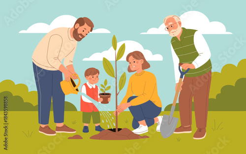 A joyful family, including a child, is planting a young tree together in a sunny field, representing community, care, and the importance of nature and environment.