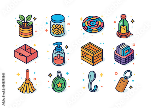 Playful Upcycling Icons. Upcycling Household Items. Colorful iso
