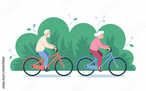 This illustration features two active seniors joyfully cycling through a lush green park, symbolizing vitality, connection with nature, and the joys of a healthy lifestyle in retirement.
