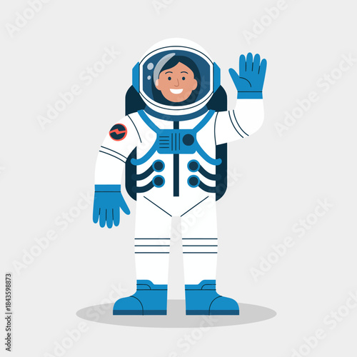 A cheerful illustration of an astronaut waving, embodying exploration and adventure in space, ideal for educational or space-themed projects and promotions.