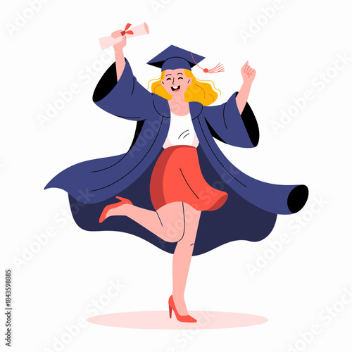 An exuberant graduate in cap and gown joyfully celebrates their recent achievement, holding a diploma, embodying success, accomplishment, and youthful energy.