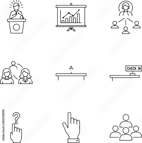 A collection of line icons representing various aspects of business meetings and presentations