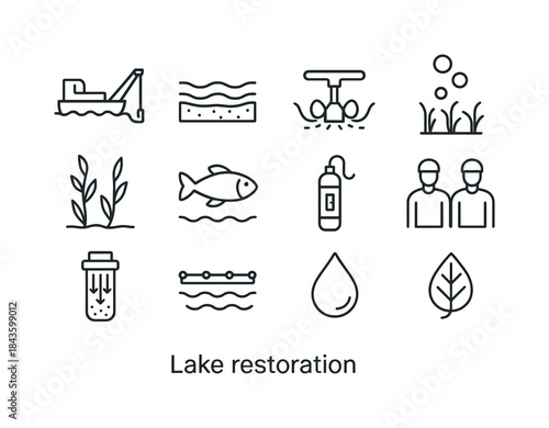 Lake Restoration Icons. Lake Restoration. Line icon set of lake