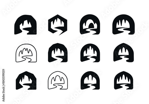 Cave Icon Variations. Caves, Stalactites, and Underground Wonder