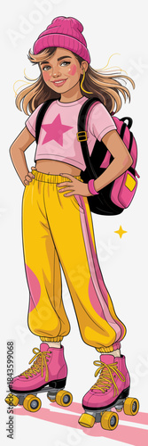 A fashionable young girl poses confidently, wearing vibrant roller skates and bright clothing, showing off her playful personality and sporty style in a fun way.