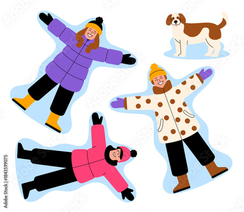 This charming image captures children making snow angels with a dog by their side, conveying joy and the excitement of winter playtime outdoors.