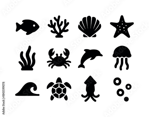 Marine Life Icons. Marine Life. Solid icon set of Marine Life: f