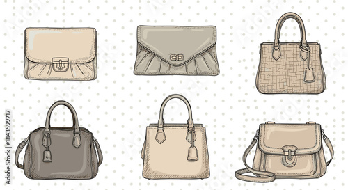 Illustrated collection of elegant handbags and purses in neutral tones showcasing tote crossbody satchel and clutch styles for fashion lovers.