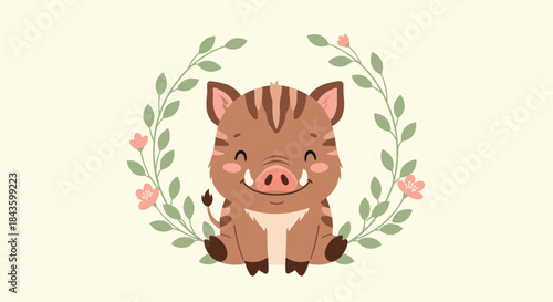 Cute cartoon pig sits smiling inside a leafy wreath of green stems and pink flowers on a soft pale background that conveys warmth and playful countryside charm.
